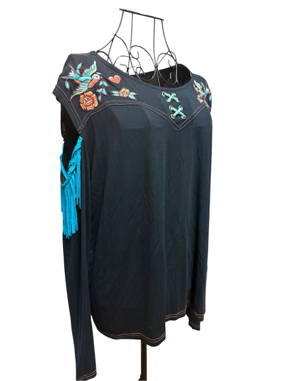 Double D Ranch Black Top with Turquoise Fringe and Multicolor Embroidery